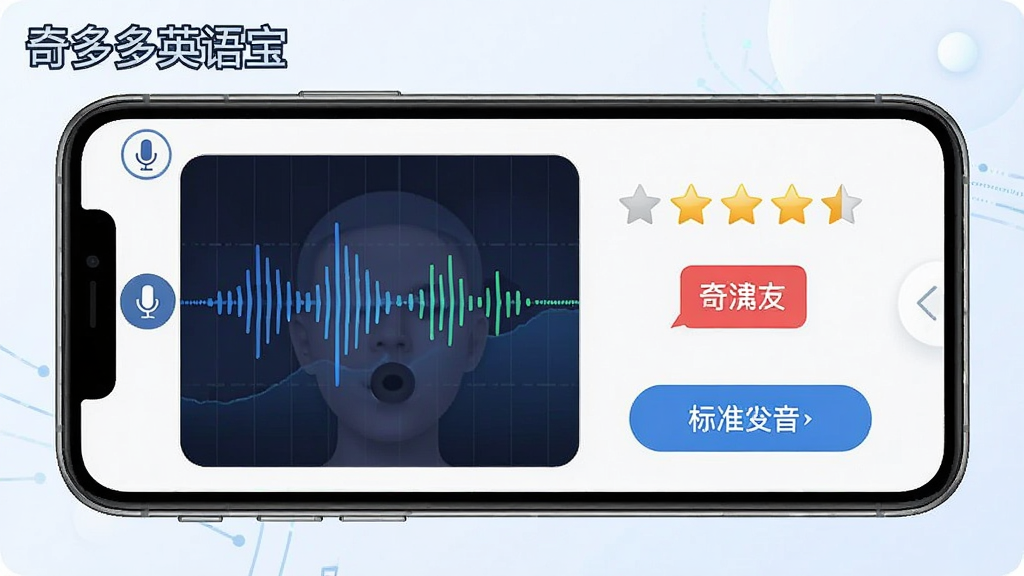 一幅AI语音评测功能示意图,主体为手机屏幕中显示发音评分界面,布局为左侧显示用户发音波形图、右侧显示评分星级与红色标注单词,排版上下结构,风格为科技感教育风,细节包括麦克风图标、声波线条、评分星星、标准发音按钮,画质高清,干净,无多余元素,图片中打文字“奇多多英语宝”