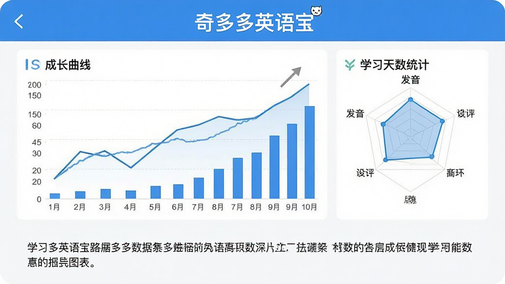 一幅学习报告数据图表图,主体为手机屏幕中显示折线图与柱状图,布局为上方标题、中间图表、下方总结文字,排版清晰,风格为简约数据风,细节包括成长曲线、发音评分雷达图、学习天数统计,画质高清,干净,无多余元素,图片中打文字“奇多多英语宝”