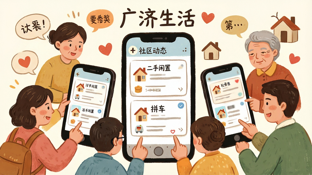 一幅表现“广济生活”社区互动功能的场景插画,画面中多位居民围绕手机屏幕进行交流,屏幕内显示社区动态、二手闲置、拼车等信息卡片。布局为环绕式构图,排版活泼,风格为温暖手绘风,细节包含对话气泡、小房子、爱心图标等,画质高清,干净无多余元素