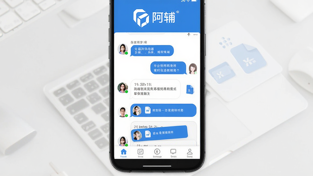 手机屏幕中央展示企业阿辅应用界面,上方是企业名称和logo区域,中部是聊天消息列表和任务卡片,下方是底部导航栏,整体布局清晰,采用扁平化UI风格,蓝白配色,细节包括头像、消息气泡、文件图标,画质清晰干净无多余元素