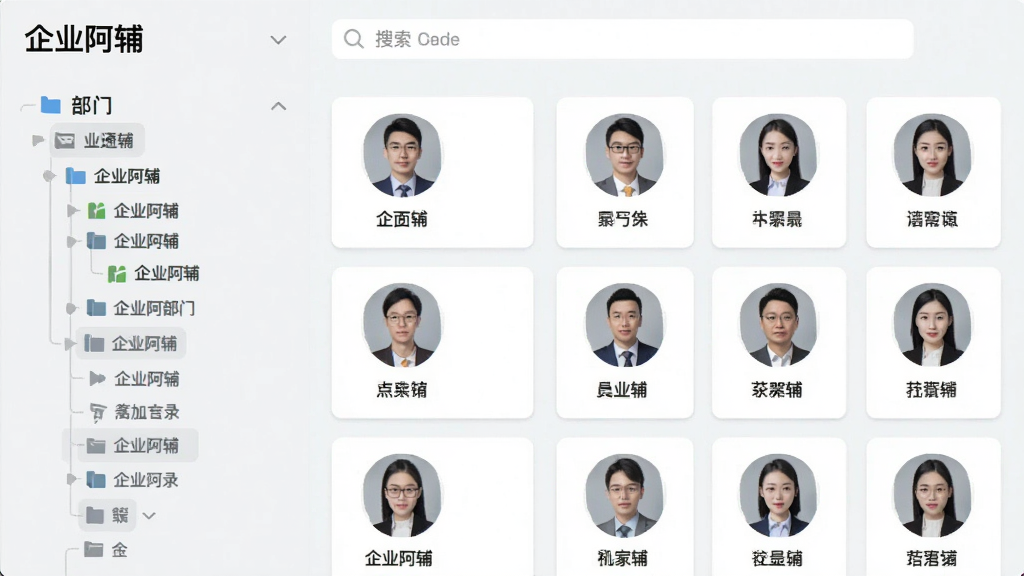 企业阿辅组织通讯录界面截图风格,左侧是部门树状列表,右侧是员工头像和姓名卡片,顶部有搜索框,整体排版整齐,浅色背景,扁平化设计,文字清晰标注“企业阿辅”,画质干净无多余元素