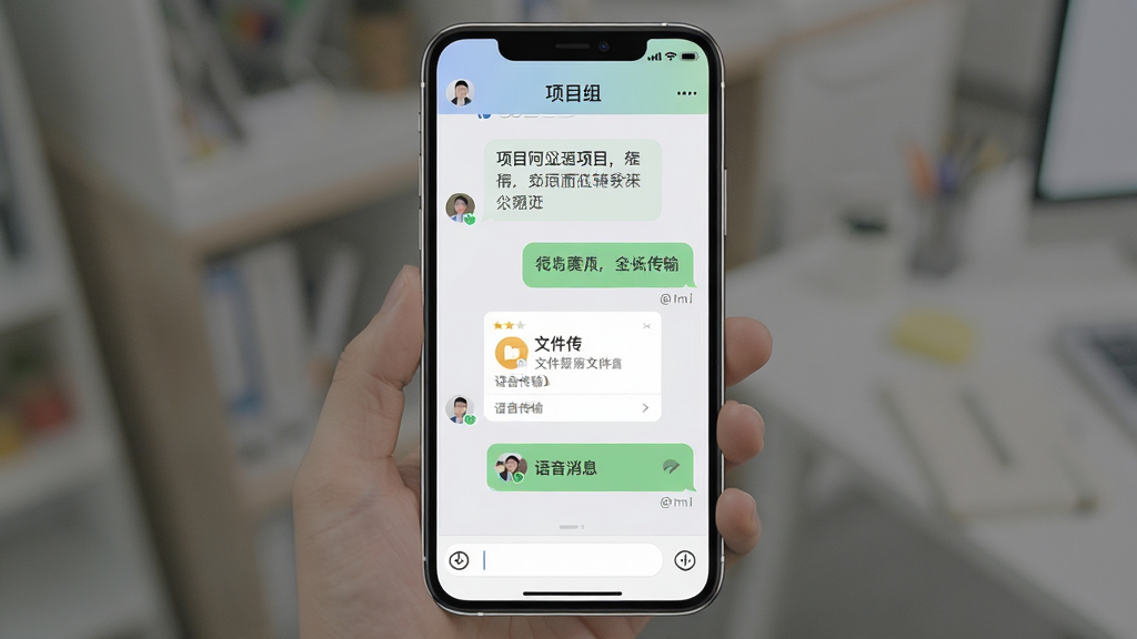 企业阿辅聊天窗口界面,展示文字消息气泡、文件传输卡片、语音消息条,顶部显示群名称“项目组”,底部输入框可见,整体布局为手机竖屏,配色柔和,细节包括已读标记和@提醒,画质清晰干净无多余元素