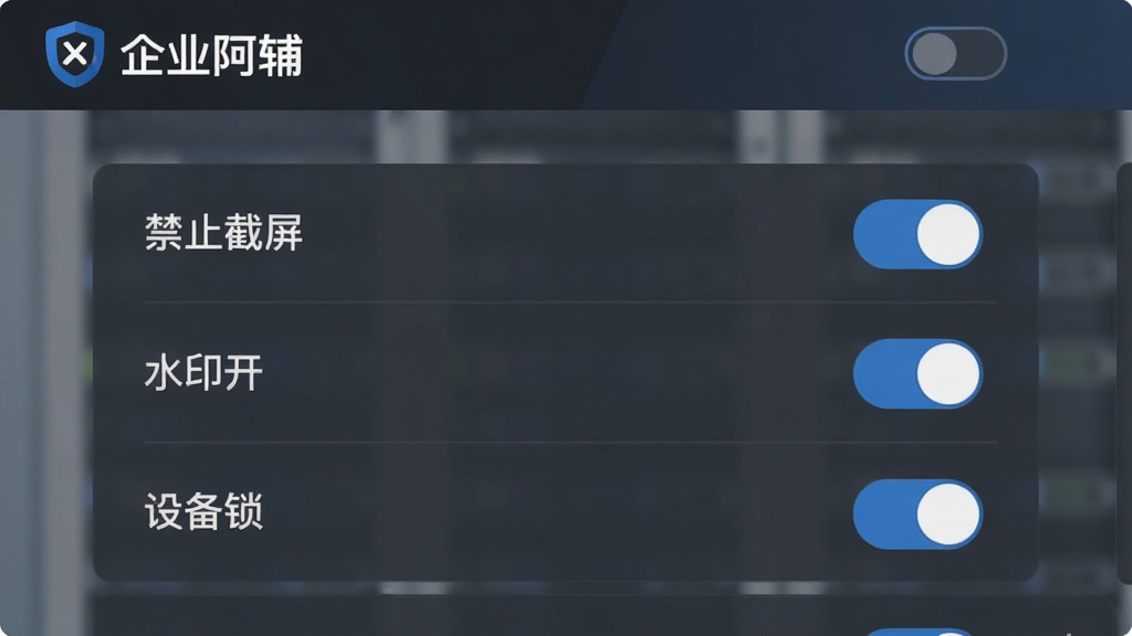 企业阿辅安全设置界面,展示权限开关列表,包括禁止截屏、水印开关、设备锁等选项,界面风格简洁商务,深灰与蓝色搭配,顶部显示“企业阿辅”logo,画质清晰干净无多余元素