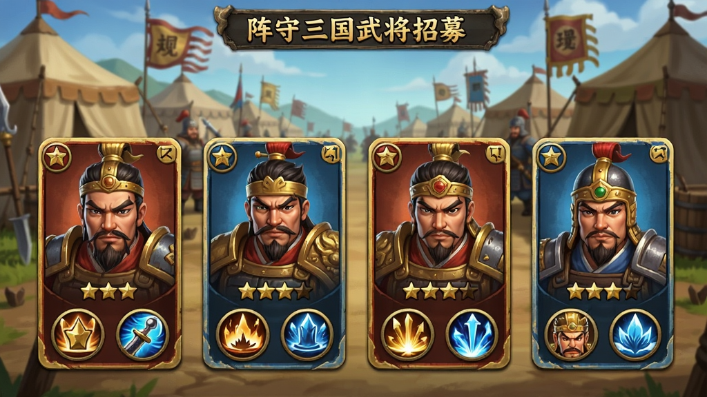 阵守三国武将招募界面,画面中展示多位三国名将的卡牌形象,卡牌上有武将头像、星级和技能图标,背景是古代军营帐篷,风格为写实与卡通结合,色彩以红金蓝为主,画质高清,干净整洁