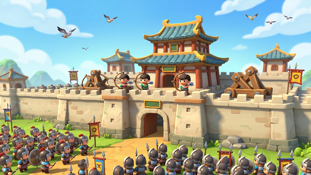 阵守三国游戏主界面截图,画面中央是一座雄伟的古代城池,城墙上有弓箭手和投石车,城外是密密麻麻的敌军士兵,天空中有飞鸟和云彩,整体风格为Q版卡通渲染,色彩鲜艳明亮,细节丰富,画质清晰干净,无多余元素