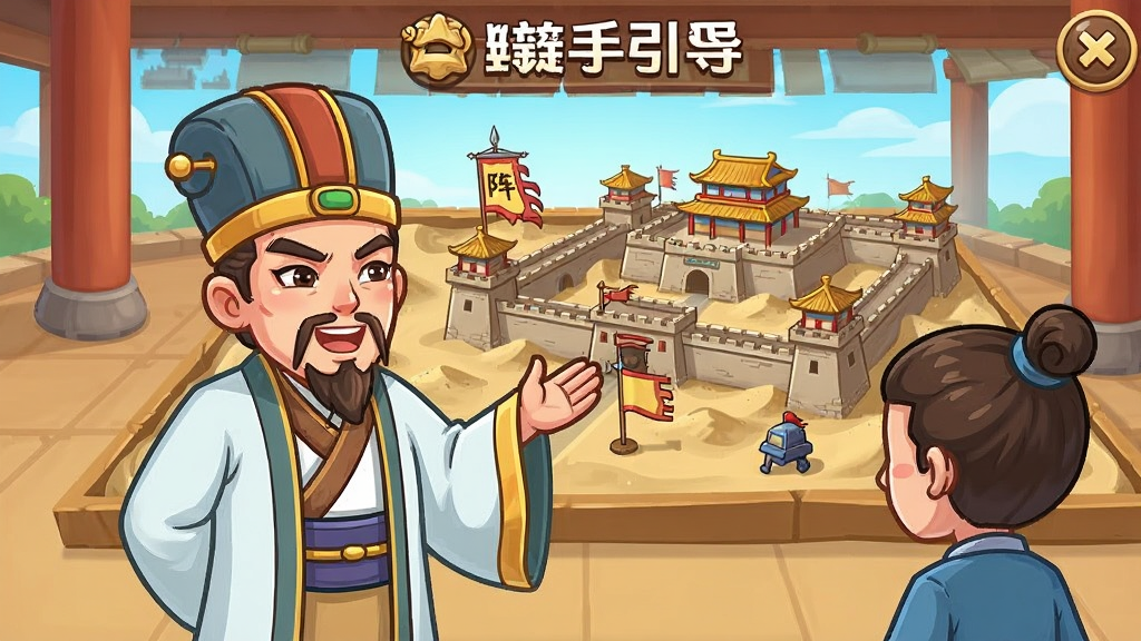阵守三国新手引导界面,画面中显示一位军师正在向玩家讲解布阵要点,背景是古代城池沙盘,风格为卡通教学插图,色彩明亮,布局清晰,画质干净,无多余文字