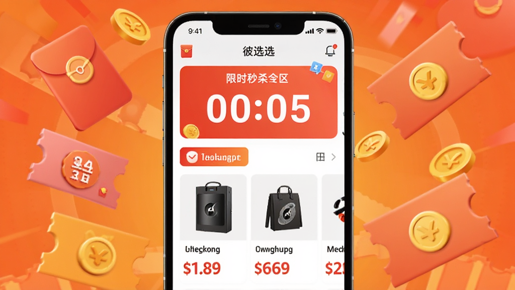 һ�ű��ֱ�ѡApp�Żݻҳ�������ͼ�������������ֻ���Ļ��ʾ��ѡApp����ʱ��ɱר�����е���ʱ���ֺͶ����Ʒ����Ŀ�۸�չʾ���ֻ���Χ�����ź�����Ż�ȯ����ҵ�����ͼ�꣬����Ϊ�����ĳȺ�ɫ���䣬Ӫ������ֵĴ�����Χ��������������ϸ�ڷḻ�����ʸɾ����޶���Ԫ�ء�