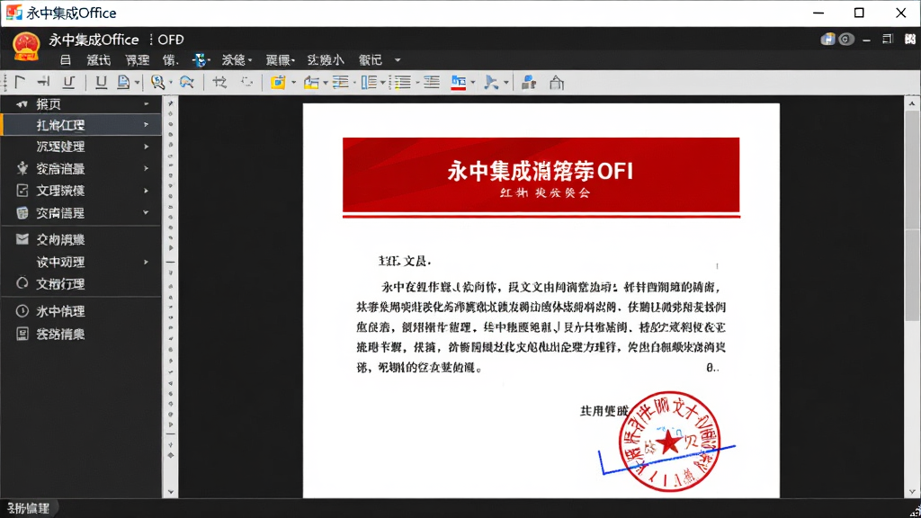 永中集成Office的OFD文档处理界面展示图,主体为软件窗口中打开的OFD格式红头文件,布局为左侧导航栏加右侧文档预览区,风格为正式公文场景,细节包含批注工具条和签章区域,画质高清,画面干净,无多余元素