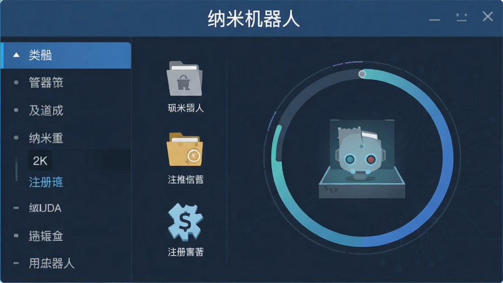 AI生图,主体为纳米机器人软件扫描界面,布局为左侧分类列表右侧扫描进度环,排版采用上下结构上方标题下方内容,风格为扁平化科技风,细节包括垃圾文件图标、缓存符号、注册表碎片等元素,画质2K,干净无多余元素,界面中文字标注“纳米机器人”