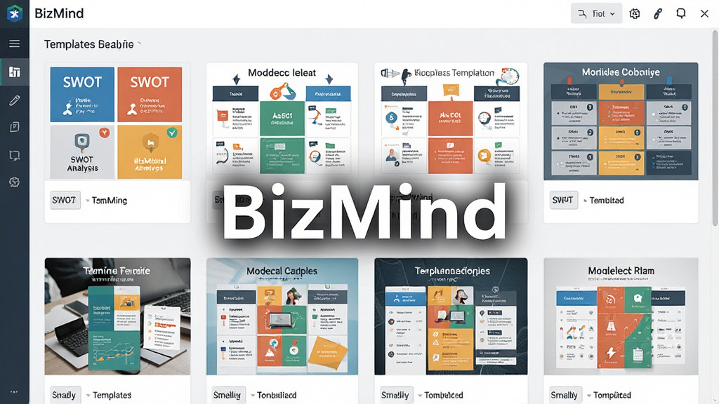 һ��չʾBizMind��ҵģ�������ͼƬ����������Ϊ�����е�ģ��ѡ����壬���ֲ����������У����Ϊ��ƽ����ƣ�ϸ�ڰ���SWOT��������ҵģʽ������ģ������ͼ�����������ɾ��������д��С�BizMind�����ֱ�ʶ���޶���Ԫ��