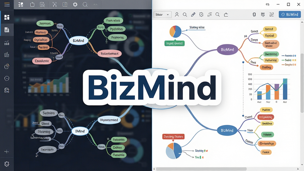 һ��չʾBizMind�����������ͼƬ�������������������ơ�BizMind������ĿLogo����Χ�����Ŷ��˼ά��ͼ�ڵ����ҵͼ��Ԫ�أ�����Ϊ�������沼�֣��Ű�������ҷ����ṹ�����Ϊ���������Ҳ�Ϊ�������򣬷��Ϊ�ִ���Լ�Ƽ��磬ϸ�ڰ����ڵ������ߡ�ͼ�갴ť��ɫ�ʱ�ǩ�����������ɾ��޶���Ԫ��