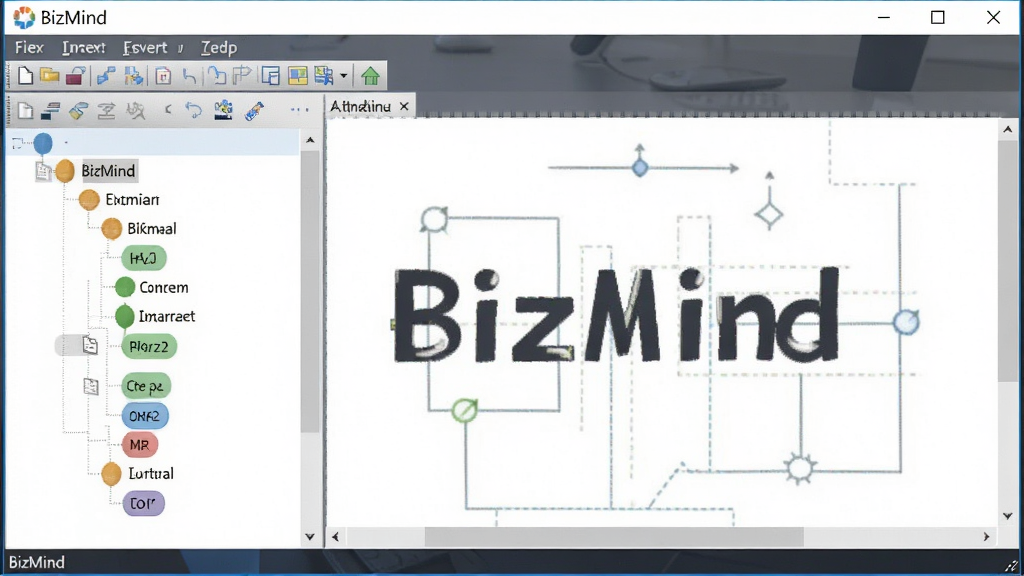 һ��չʾBizMind��Windows���Զ����н����ͼƬ����������Ϊ���������ڣ����ֲ������ڵ������Ҳ໭����ϣ����Ϊ�칫����磬ϸ�ڰ��������˵�����������ͼ��Ͳ�ɫ�ڵ㣬���������ɾ��������д��С�BizMind�����֣��޶���Ԫ��