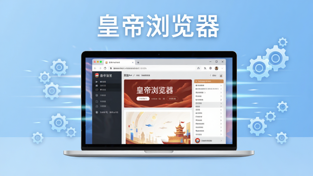 皇帝浏览器极速内核概念图,画面主体为一台笔记本电脑屏幕显示皇帝浏览器界面,屏幕周围环绕着速度线和小型齿轮图标,背景为浅蓝色渐变,布局上屏幕居中,图标分布在两侧,风格为科技简约风,细节上齿轮和速度线带有轻微发光效果,画质高清,干净无多余元素,文字“皇帝浏览器”以白色字体出现在屏幕顶部