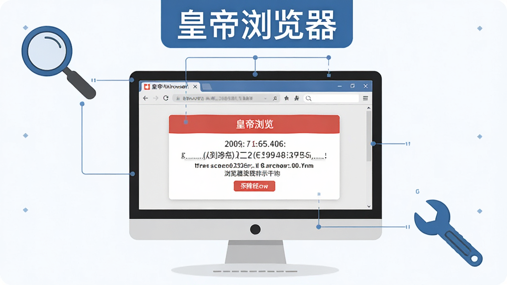 皇帝浏览器故障排查示意图,画面中一台电脑屏幕显示皇帝浏览器错误提示页面,旁边有放大镜和扳手图标,布局为屏幕居中,图标分布在角落,风格为信息图表风格,细节上错误代码和提示文字清晰可见,画质干净,无多余元素,顶部有“皇帝浏览器”标识