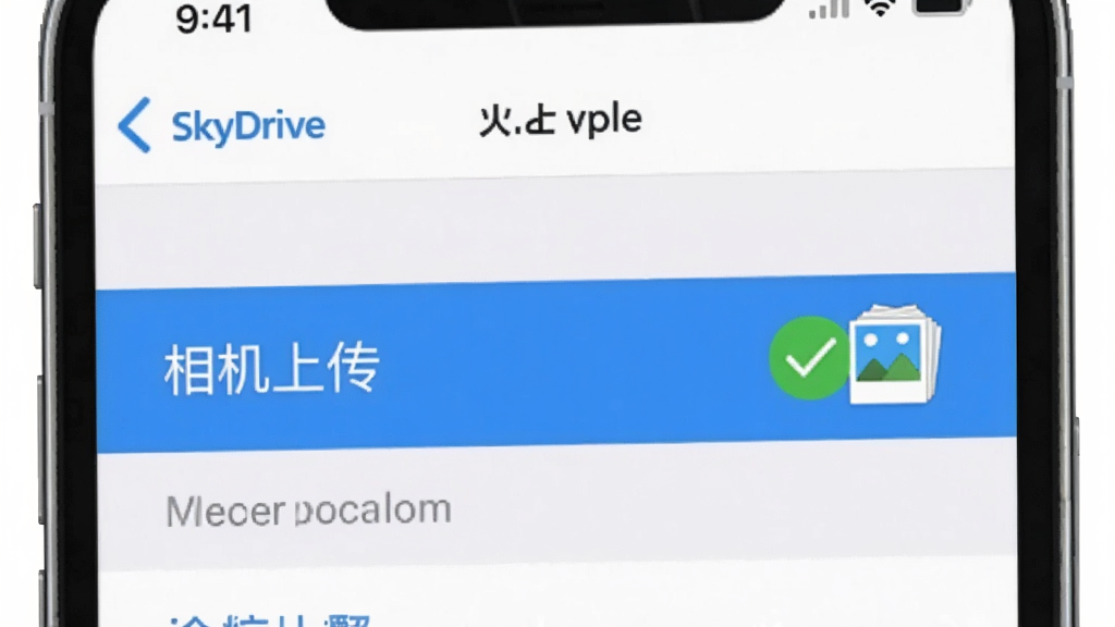 一张展示SkyDrive移动端照片自动备份设置的界面示意图,画面中一部智能手机屏幕显示着设置菜单,高亮显示