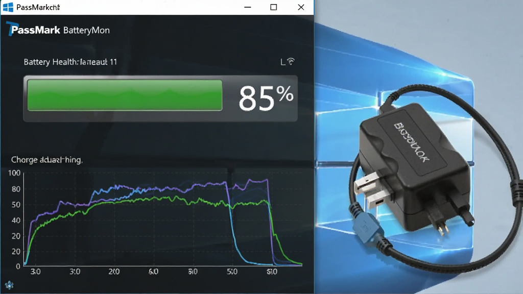 PassMark BatteryMon 软件在Windows 11系统下的运行截图,界面显示电池健康度85%,下方有充放电曲线,旁边放着电源适配器,风格写实,画质干净,无多余元素