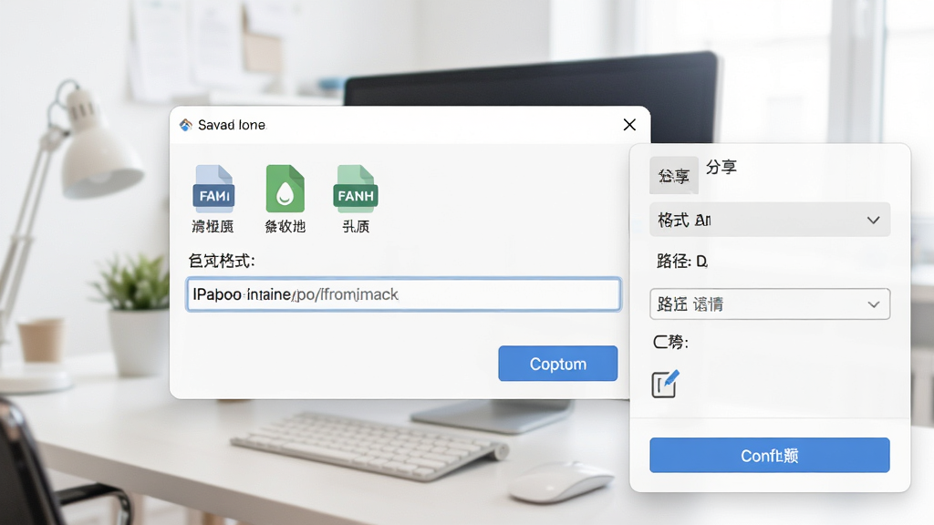一张 screenshoter 软件导出设置界面,画面展示保存对话框和分享菜单,包含格式选择、路径设置和复制按钮,背景为浅色办公环境,风格为清爽简洁的UI设计,细节包括文件格式图标、路径输入框和确认按钮,画质细腻,无多余装饰