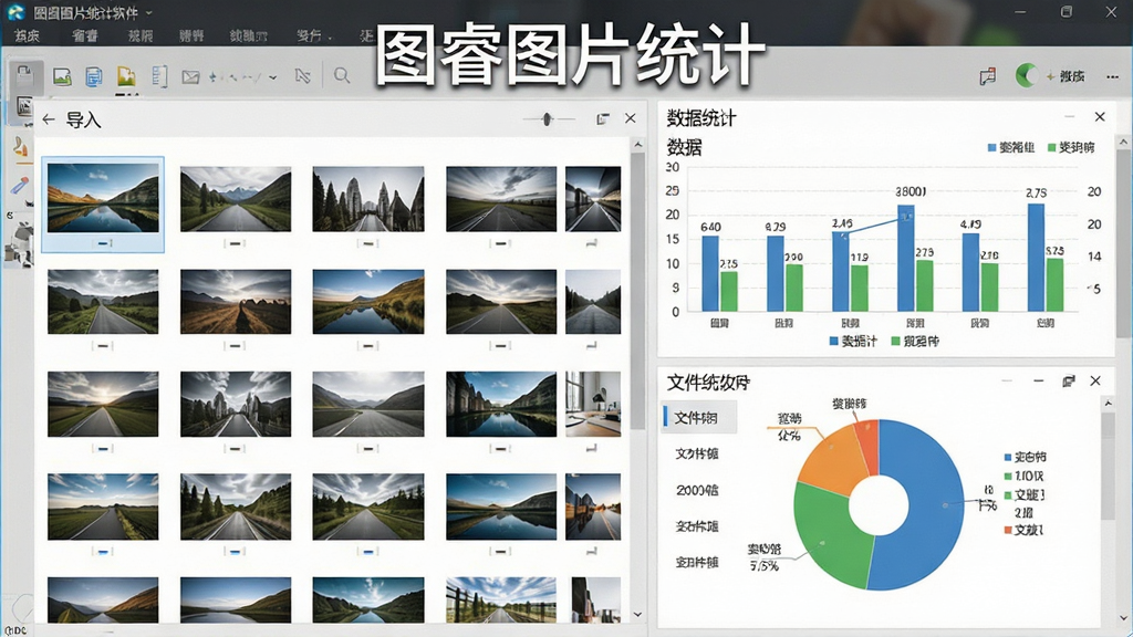 一张展示图睿图片统计软件界面的预览图,主体为PC端软件窗口,界面包含图片导入区、数据统计图表区和文件列表区,布局清晰分为左右两栏,左侧为图片缩略图网格,右侧为柱状图和饼状图展示统计结果,风格为现代简约商务风,细节包含清晰的数字标签和图表配色,画质干净清晰,无多余元素,图片中文字标注“图睿图片统计”。