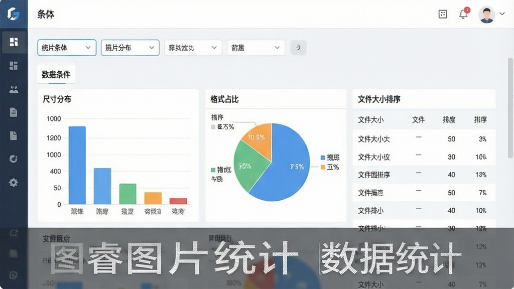 一张展示图睿图片统计数据统计功能的界面图,主体为软件统计面板,布局为上方筛选条件栏与下方数据表格及图表区,排版紧凑,风格为清新浅色商务风,细节包含尺寸分布柱状图、格式占比饼图和文件大小排序列表,画质清晰干净,无多余元素,图片中文字标注“图睿图片统计 数据统计”。