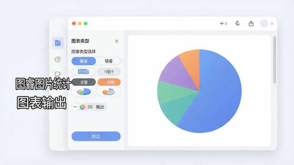 一张展示图睿图片统计图表输出功能的示意图,主体为软件图表预览窗口,布局为左侧图表类型选择区与右侧大尺寸饼图展示区,排版清晰,风格为柔和圆角现代风,细节包含多种图表切换按钮和导出选项,画质干净清晰,无多余元素,图片中文字标注“图睿图片统计 图表输出”。