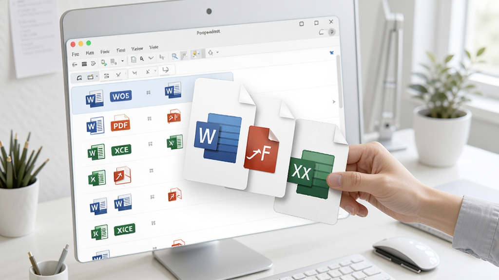文档翻译器多格式导入功能展示,画面中一只手将带有Word、PDF、Excel图标的文件拖入软件窗口,软件界面显示文件列表和格式标签,背景是整洁的办公桌面,风格清新简洁,细节丰富,画质清晰,无多余元素