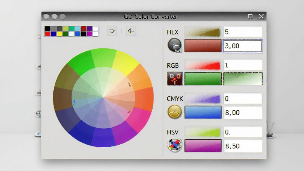 一张展示GD Color Converter软件主界面的图片,画面中央是软件窗口,左侧排列着颜色选择器与色轮,右侧显示HEX、RGB、CMYK、HSV等数值输入框,背景为干净的浅灰色桌面,风格简洁专业,细节清晰,画质干净无多余元素