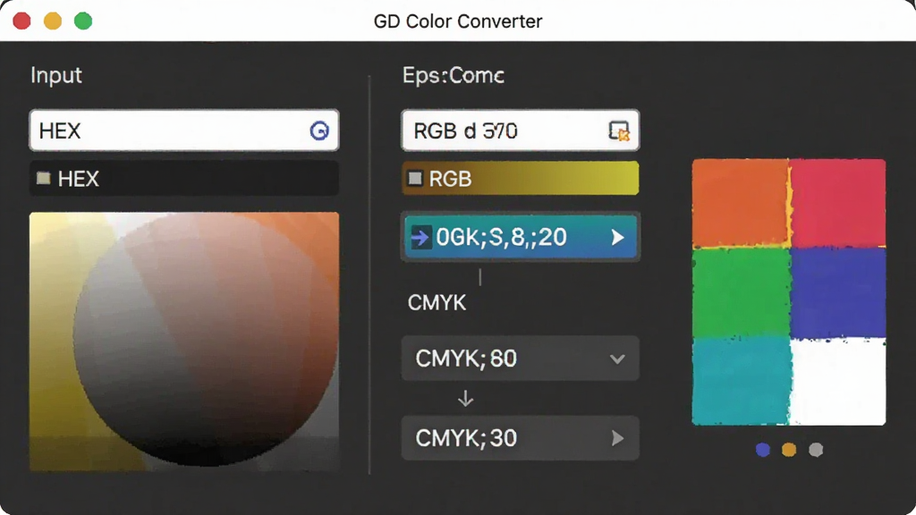 一张GD Color Converter软件功能展示图,画面中间是颜色转换面板,左侧输入HEX色值,右侧自动生成RGB与CMYK数值,旁边有一个彩色色块预览,布局干净整齐,风格现代简约,画质清晰,无多余元素