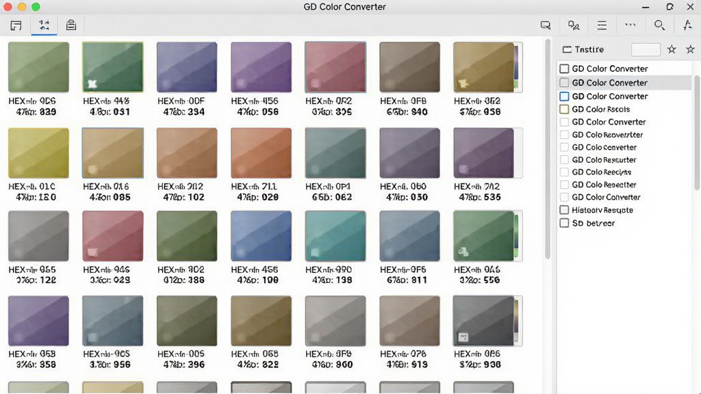 一张GD Color Converter软件色板管理界面图,画面中显示一排排彩色色块组成的色板,每个色块下方标注HEX与RGB数值,旁边有历史记录列表,整体排版清晰,风格素雅,画质干净,无杂乱元素