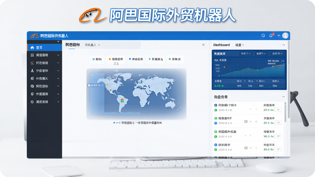 阿里国际外贸机器人软件主界面全景展示,画面中央是软件操作面板,左侧为功能导航栏,右侧为数据看板与询盘列表,顶部有阿里国际外贸机器人字样,整体布局清晰,商务蓝色调风格,细节精致,画质干净,无多余元素