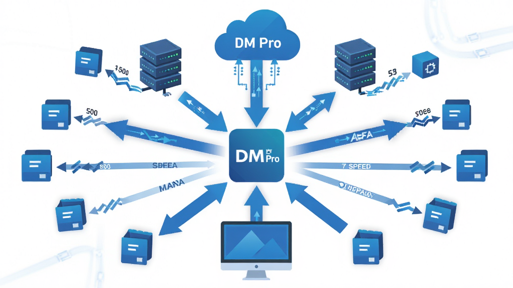 DM Pro 智能多线程加速功能示意图,主体为多个数据流从云端服务器汇聚到本地电脑的抽象图形,布局采用中心辐射式构图,排版以软件图标为中心向四周发散箭头,风格为扁平化科技蓝配色,细节包括数据包图标、速度数值、线程连接线,画质高清干净无多余元素,图中标注文字“DM Pro”