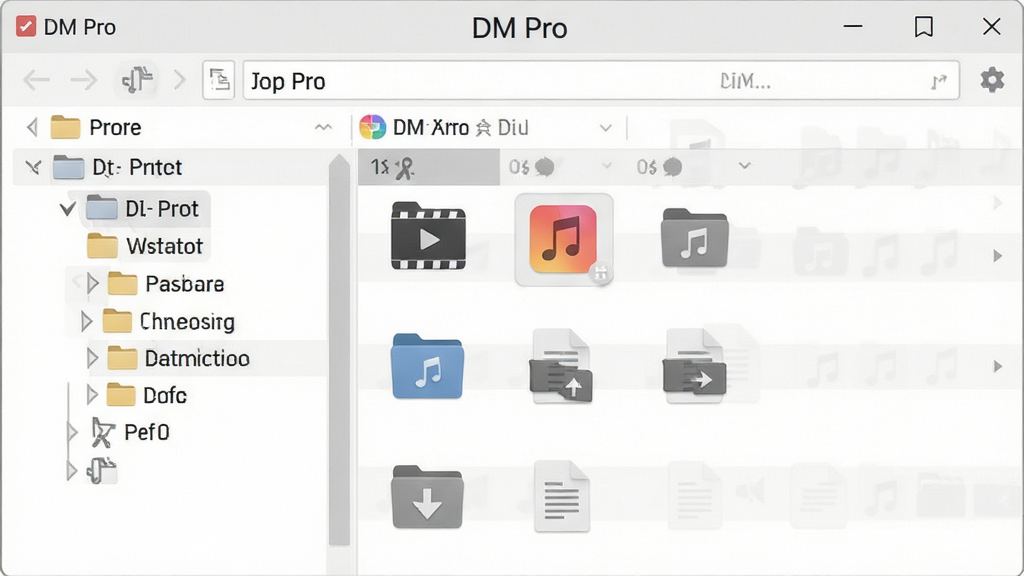 DM Pro 文件分类与自动归档功能展示,主体为文件夹树状结构与文件类型图标,布局采用左侧目录树右侧文件列表的经典资源管理器样式,排版规整,风格为素雅极简灰白配色,细节包括视频文件图标、音乐文件图标、文档图标、归档箭头,画质清晰干净无多余元素,界面标题显示“DM Pro”