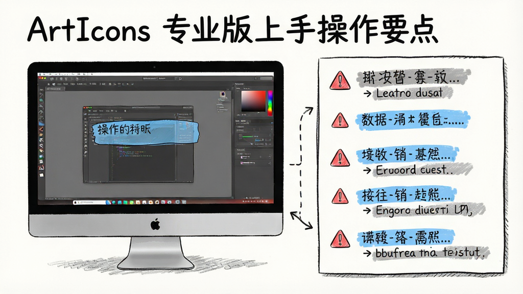 一张展示 ArtIcons 专业版上手操作要点的图片,主体是电脑屏幕中软件界面与旁边的手写笔记风格提示框,布局为左侧软件截图、右侧五个要点列表,排版为教程风格,风格为清新手绘笔记风,细节包括红色警告图标、蓝色高亮标记、灰色备注文字,画质清晰,画面干净,无多余元素