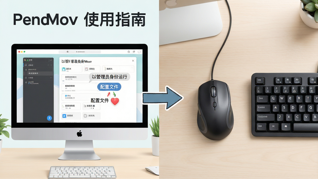 一张展示 PendMove 使用指南的插图,画面分为左右两部分,左侧是电脑屏幕显示软件设置界面,右侧是鼠标和键盘的实物图,中间有箭头连接,背景是浅色办公桌面,风格为清新教学风,细节包括“以管理员身份运行”“配置文件”等文字标签,画质清晰,干净,无多余元素