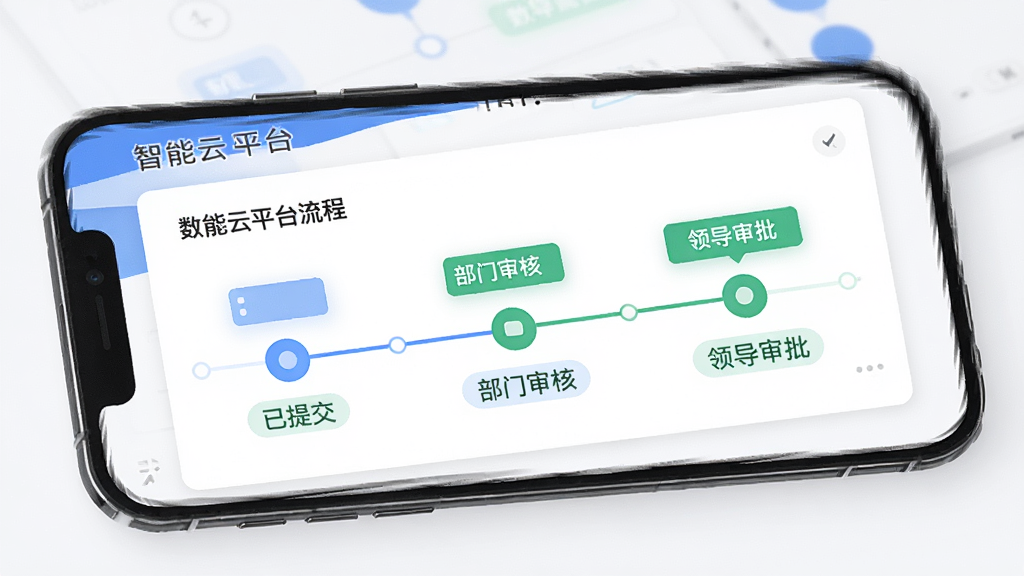 数智云平台审批流程界面,手机屏幕显示一条审批流程的时间轴,节点包含已提交、部门审核、领导审批等状态标识,界面采用蓝色和绿色作为状态区分色,背景为白色卡片式布局,风格简洁专业,画质清晰,干净,无多余元素