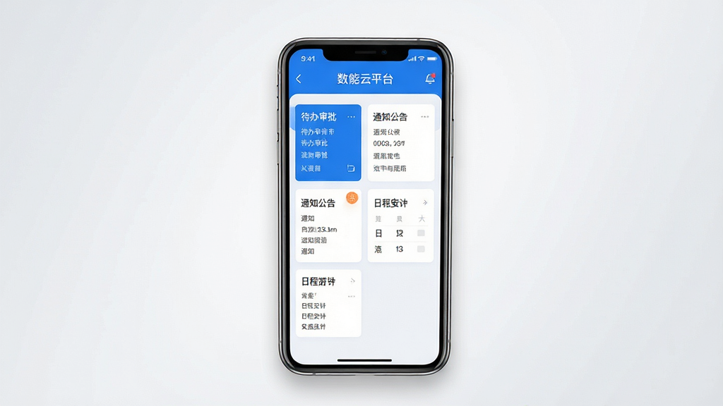 数智云平台移动端主界面展示,画面中央是一部智能手机,屏幕显示蓝白配色的办公应用首页,包含待办审批、通知公告、日程安排等卡片模块,背景为简洁的浅灰色渐变,整体风格清爽商务,画质清晰,干净,无多余元素