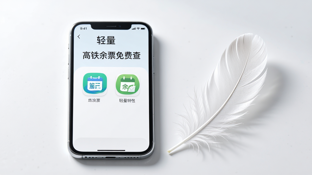 一张以高铁余票免费查轻量特性为主题的AI生图,画面主体是一部手机和一片羽毛并排摆放,象征轻量,布局为居中构图,排版简洁,风格为极简清新,细节包含“高铁余票免费查”文字、手机屏幕显示软件图标、羽毛轻盈质感,画质高清,干净,无多余元素