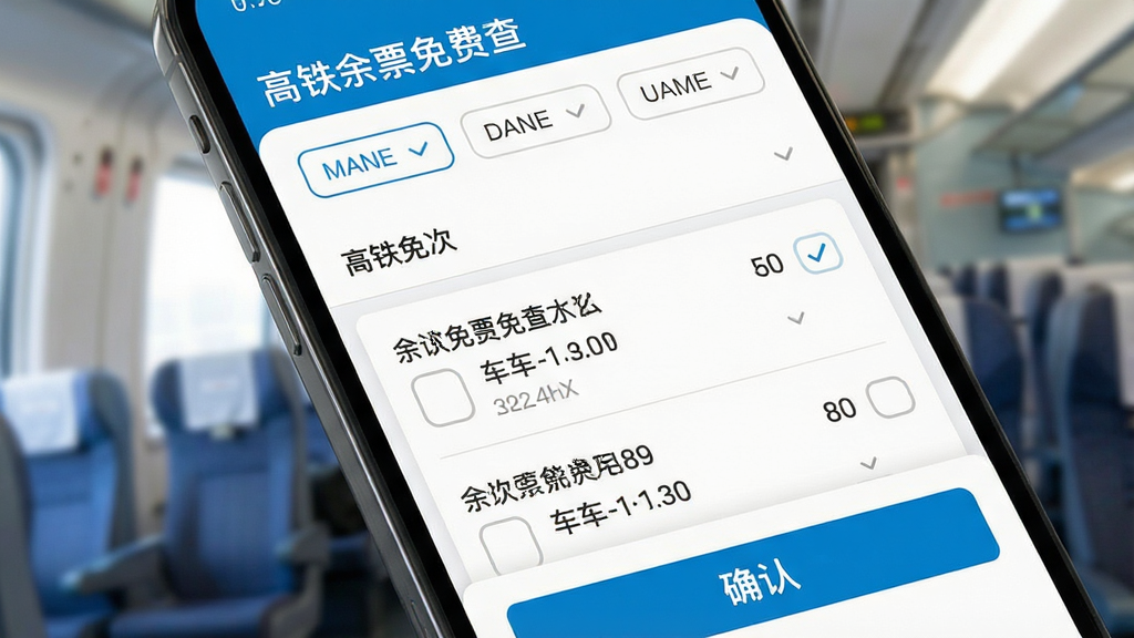 一张展示高铁余票免费查筛选功能的AI生图,画面主体为手机屏幕特写,屏幕内显示筛选面板,布局为顶部筛选标签、中部车次列表、底部确认按钮,排版层次分明,风格为清新简约,细节包含“高铁余票免费查”文字标识、筛选选项、车次信息,画质高清,干净,无多余元素
