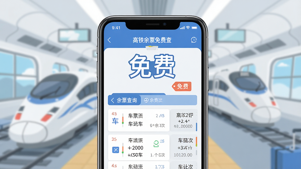 一张以高铁余票免费查免费使用为主题的AI生图,画面主体是一个手机屏幕显示“免费”字样和余票查询界面,布局为居中展示,排版简洁明快,风格为扁平化设计,细节包含“高铁余票免费查”文字、免费标签、车次列表,画质高清,干净,无多余元素