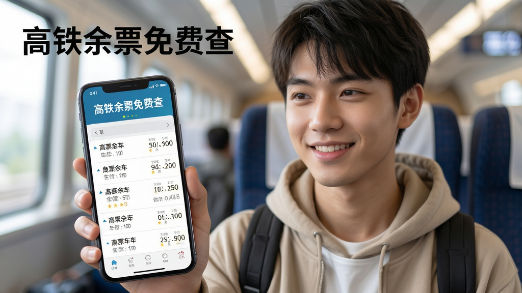 一张以高铁余票免费查新手使用为主题的AI生图,画面主体是一位年轻人手持手机查看余票查询界面,布局为人物半身像加手机屏幕特写,排版自然,风格为生活化写实,细节包含“高铁余票免费查”文字、手机屏幕车次列表、人物微笑表情,画质高清,干净,无多余元素