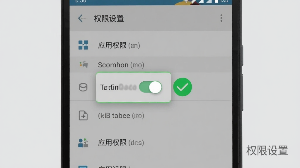 一部安卓手机展示设置界面,界面上有应用权限管理选项,悬浮窗权限开关被高亮标注,旁边有一个绿色的对勾图标,背景是浅灰色,整体风格为扁平化UI设计,布局清晰,细节干净,无多余元素,图片中打文字