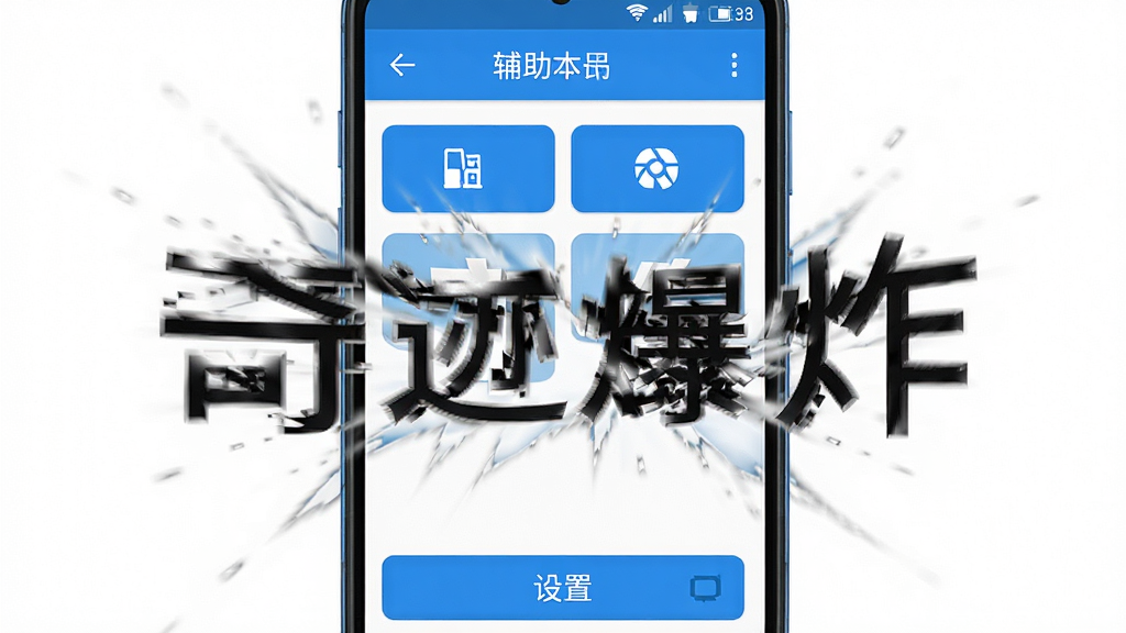 一部安卓手机展示辅助菜单的主界面,界面设计简洁清晰,顶部有软件名称,中间是功能分类按钮,底部有设置入口,配色以蓝白为主,风格清爽,布局合理,细节精致,画质干净,无多余元素,图片中打文字