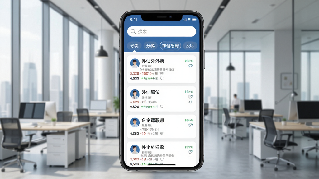 神仙外企APP主界面展示,手机屏幕中显示外企招聘职位列表,顶部有搜索框和分类标签,背景为现代写字楼办公场景,风格简洁商务,画质清晰干净,无多余元素