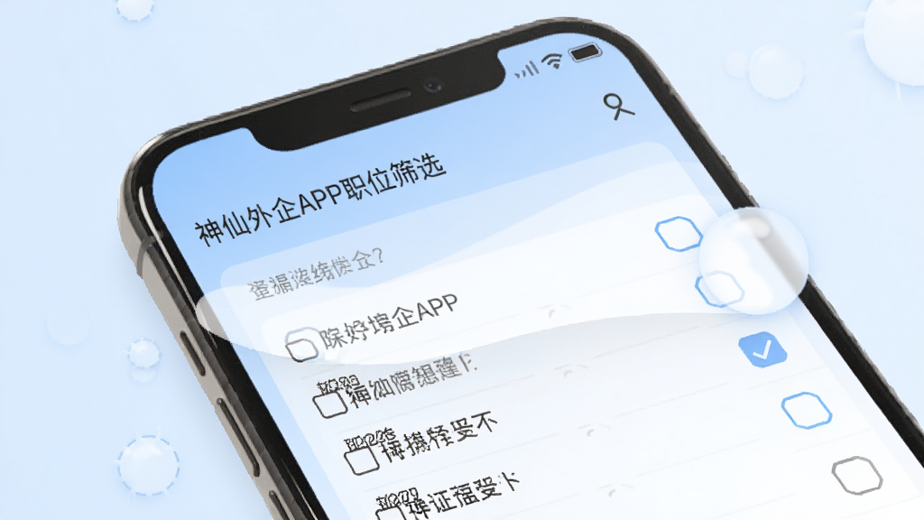 神仙外企APP职位筛选页面,手机屏幕显示多个筛选条件选项,界面风格简洁清新,背景为淡蓝色渐变,画质清晰干净,无多余元素