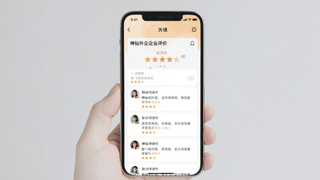 神仙外企企业评价页面,手机屏幕显示公司评分和用户评论列表,界面风格温暖柔和,背景为浅灰色,画质清晰干净,无多余元素