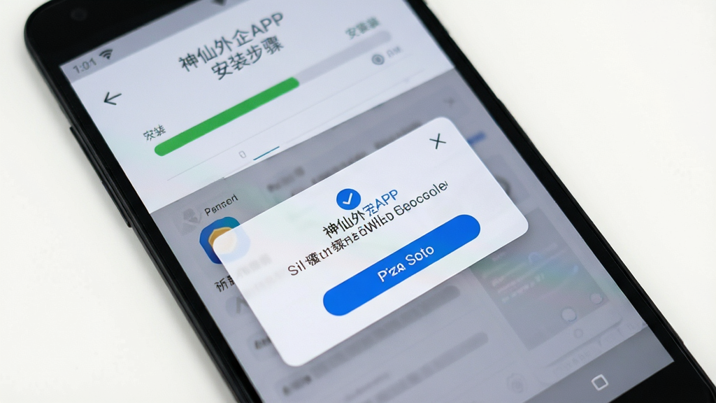 神仙外企APP安装步骤示意图,安卓手机屏幕显示安装进度条和权限授权弹窗,背景为干净的白色桌面,画质清晰干净,无多余元素