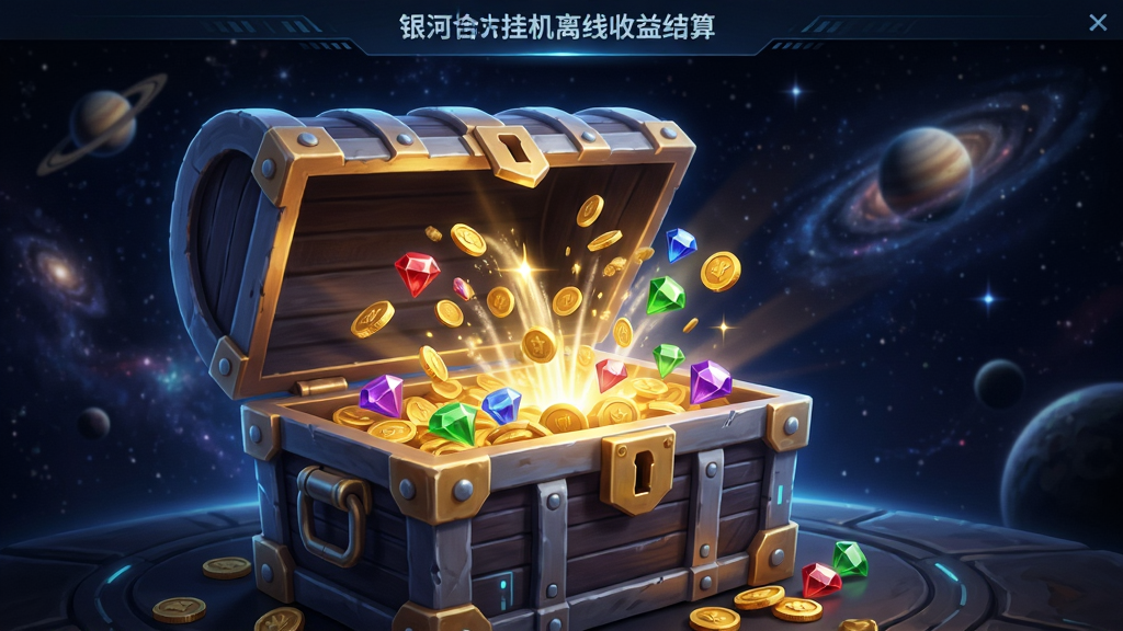银河合并挂机离线收益结算界面,画面中一个巨大的宝箱正在打开,金币和宝石如喷泉般涌出,背景是深邃的宇宙,科幻风格,排版突出宝箱,细节丰富,画质高清,干净无多余元素