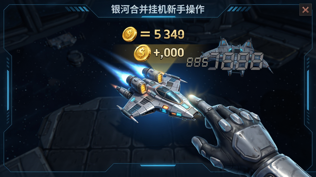 银河合并挂机新手操作界面,画面中一只手正在拖动飞船进行合并,屏幕上有明显的金币增加提示和连击数字,科幻风格,布局简洁,排版清晰,细节丰富,画质高清,干净无多余元素