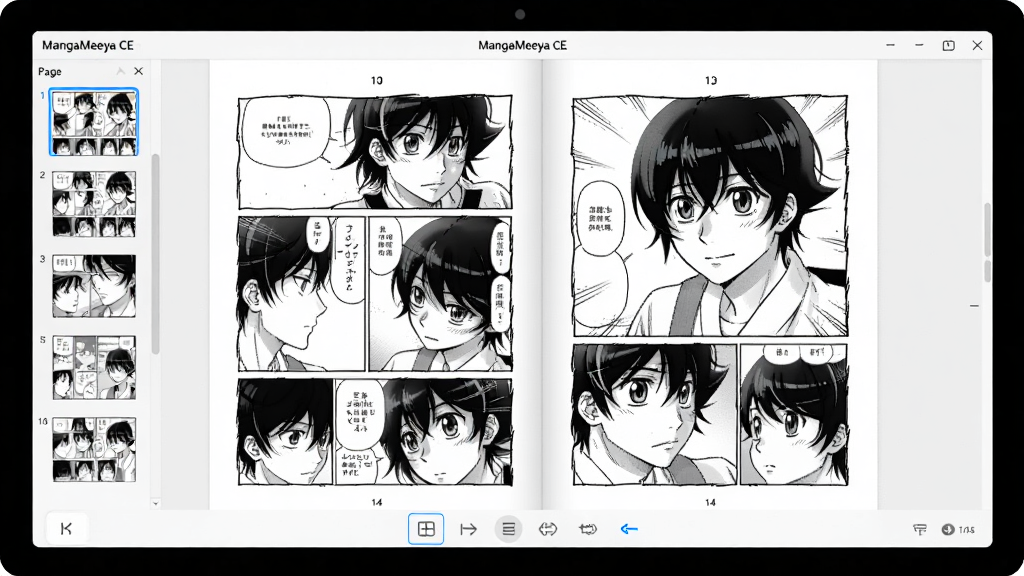 一幅展示 MangaMeeya CE 漫画阅读器主界面的示意图,主体为电脑屏幕中打开的双页漫画画面,布局采用居中对称构图,排版上屏幕下方有简洁的翻页工具栏,风格为清爽的日系软件界面风格,细节包括漫画分格、页码指示、缩略图侧边栏,画质清晰干净无多余元素