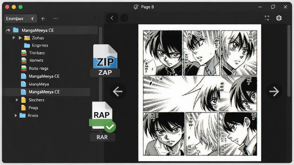 一幅表现 MangaMeeya CE 直接打开压缩包阅读漫画的示意图,主体为软件窗口内显示压缩包图标与展开的漫画页面,布局采用左右分栏构图,排版上左侧为压缩包文件树右侧为漫画预览,风格为简洁的软件功能演示图,细节包括 ZIP 与 RAR 格式标识、翻页箭头,画质清晰干净无多余元素