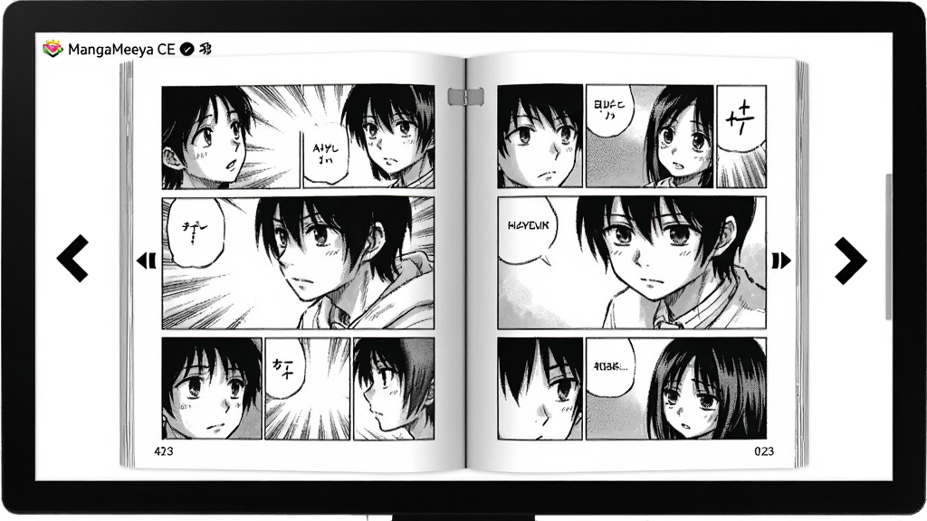 一幅展示 MangaMeeya CE 双页拼接阅读模式的示意图,主体为电脑屏幕中摊开的漫画跨页画面,布局采用居中大图构图,排版上画面两侧有翻页方向指示,风格为日系漫画阅读界面风格,细节包括跨页接缝处理、页码标注、从右到左阅读箭头,画质清晰干净无多余元素